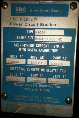 800 Amp, ITE, K-800S, 480 V., 1983, ELEC. OPER., DRAWOUT, K-LINE, 120 VAC; -1
