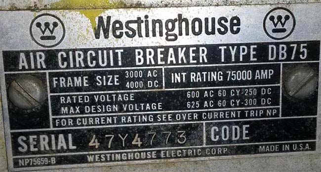 3000 Amp, WESTINGHOUSE, DB-75, 480 V., ELECTRICALLY OPERATED, INDOORHOUSED -1