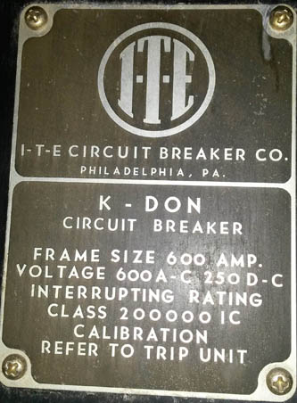 600 Amp, ITE, K-DON, 480 V., M/O, D/O, FUSED CIRCUIT BREAKER, VERTICAL: -1