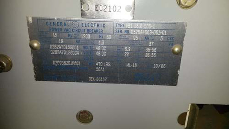 1200 Amp, GE, VB1-13.8-500-1, 13.8 KV, 1986, 48 VDC VACUUM CIRCUIT BREAKER: -1