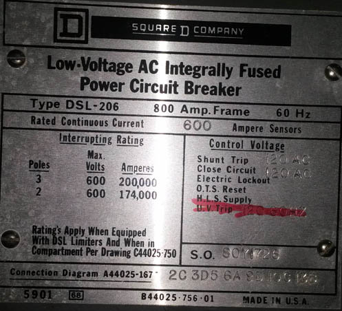 800 Amp, WESTINGHOUSE, DSL-206, 480 V., E/O, D/O, 120 VAC, AMPTECTOR 1A: -1