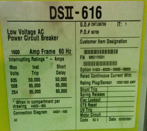 1600 Amp, SQUARE D, DS2-616, 635 V., M/O, D/O, DIGITRIP 510 L,S,I,G: -1