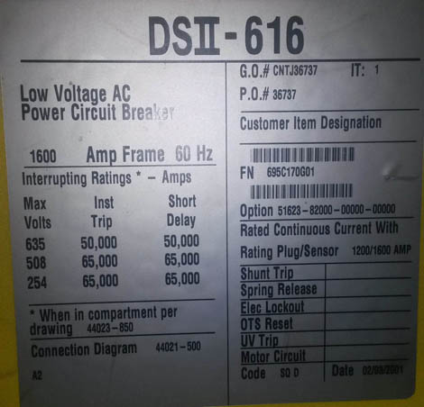 1600 Amp, SQUARE D, DS2-616, 635 V., M/O, D/O, DIGITRIP 510, L,S,I,G: -1