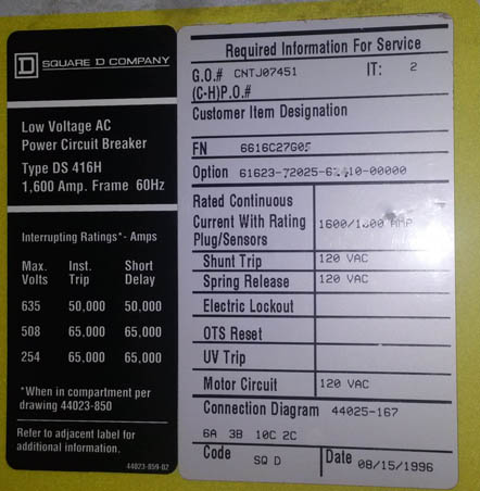 1600 Amp, SQUARE D, DS-416H, 635 V., 1996, E/O, D/O, 120 VAC, RMS-510, LSIG: -1