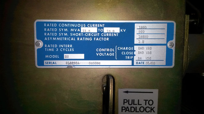 1200 Amp, ABB, 15VHK500, 15 KV, VACUUM, 240 VAC CLOSE, 24 VDC TRIP