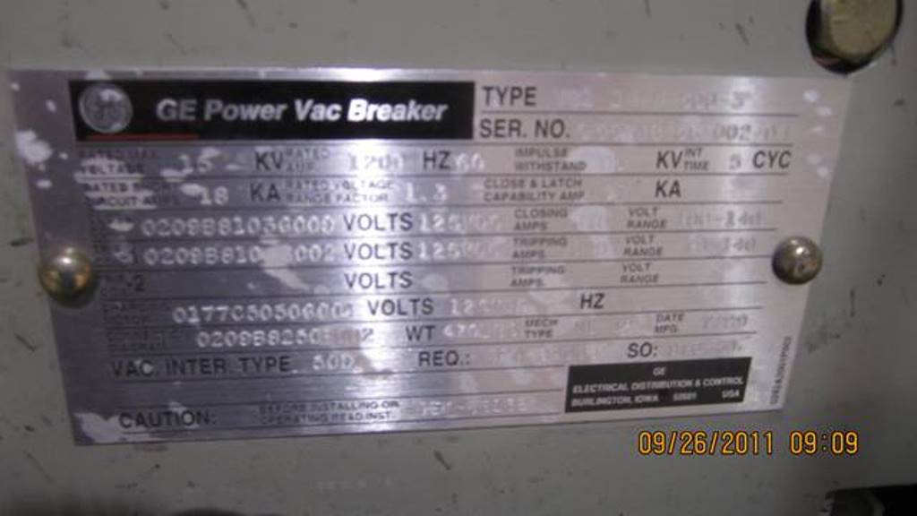1200 Amp, GE, VB1-14.4-500, 15 KV, E/O, D/O, 125 VDC CLOSE & TRIP, ML-18: -1