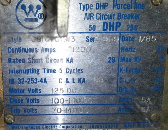 1200 Amp, WESTINGHOUSE, 50DHP250, 4160 V., 125 V DC, CLOSE & TRIP - 1