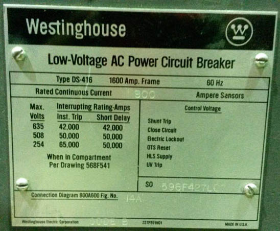 1600 Amp, WESTINGHOUSE, DS416, 480 V., M/O, D/O, AMPTECTOR LI: -1