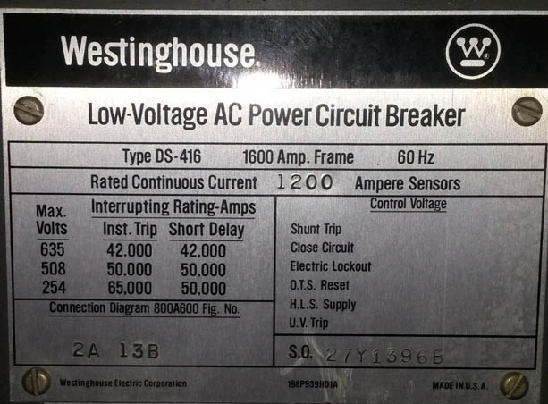 1600 Amp, WESTINGHOUSE, DSL-416, 480 V.,MANUALLY OPERATED, DRAWOUT;-1