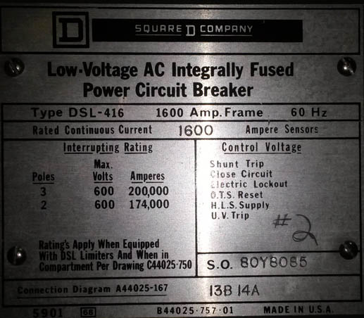 1600 Amp, WESTINGHOUSE, DSL-416, 480 V.,MANUALLY OPERATED, DRAWOUT;-1