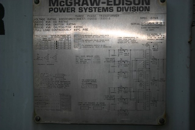 36000/48000/60000 KVA, Pri 69000Y/39837, Sec 13200 D, X 13200 D, MCE, GSU