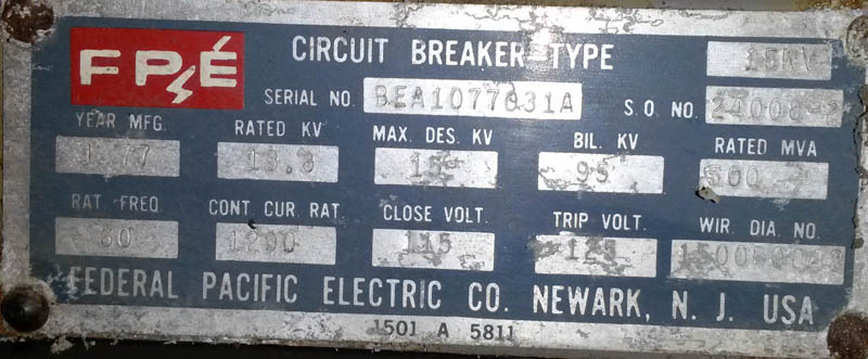 1200 Amp, FEDERAL PACIFIC, DST2-15-500, 13.8 KV, 125 VDC CLOSE & TRIP:1