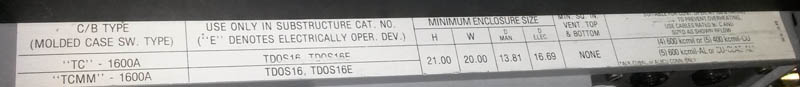 1600 Amp, GENERAL ELECTRIC, TC1616TTE1CR, 480 V., POWERBREAK, E/O, D/O, 120 VAC
