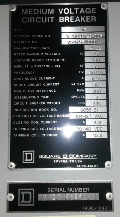 1200 Amp, SQUARE D, VR V5D6153Y000A, 15 KV, 2002, 500 MVA, 120 VAC CL/125 VDC TR