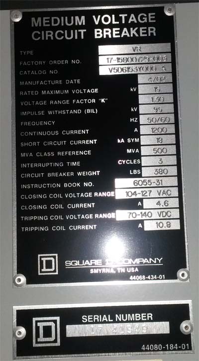 1200 Amp, SQUARE D, VR V5D6153Y000A, 15 KV, 2002, 120 VAC CL/125 VDC TRIP:1