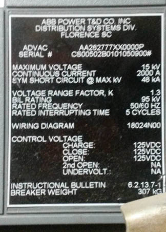 2000 Amp, ABB, ADVAC, 15 KV, 2000, 125 VDC CHARGE/CLOSE/OPEN:1