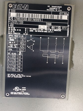 3000 KVA, Pri 12470Y/7200, Sec 480 D, 2012, EATON, PADMOUNT,, COPPER:1