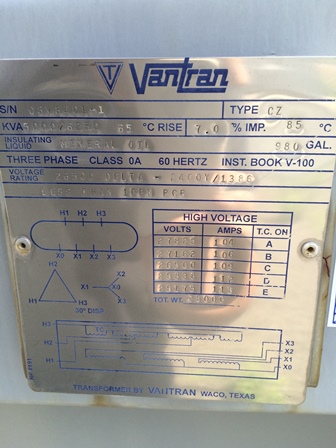 5000/6250 KVA, Pri 26500 D, Sec 2400Y/1386, VANTRAN, SUBSTATION, OIL:2