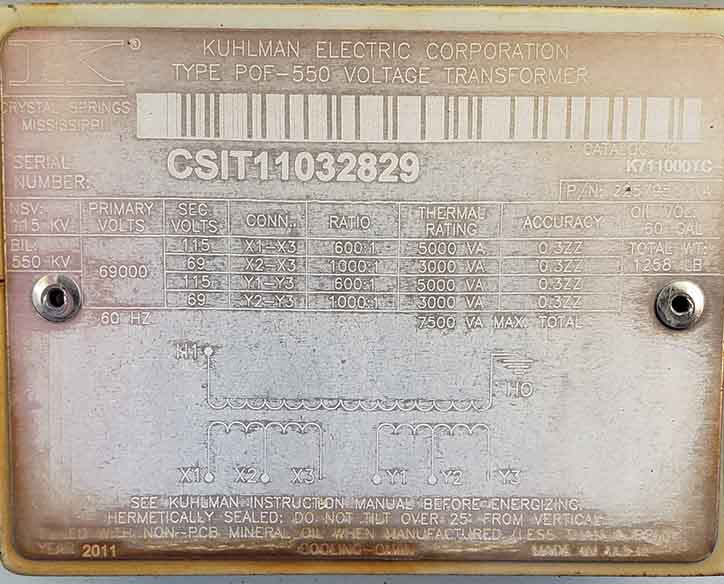 115000 V/69000 PRIMARY, Sec. 115/69 V SECONDARY, KUHLMAN POF550, 1000/600:1