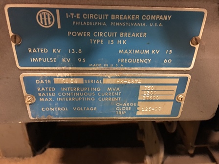 1200 Amp, ITE, 15HK1000/750, 15 KV, 125 VDC CLOSE & TRIP, MODEL 00, INDOOR:1