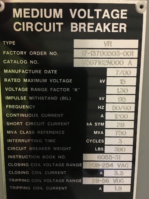 1200 Amp, SQUARE D, VR 750, 15 KV, 750 MVA, DRAW-OUT, 3 CYCLE: