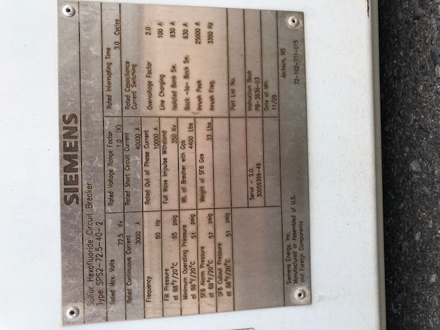 3000 Amp, SIEMENS, SPS2-72.5-40-2, 72.5 KV, 2009,FA2.20 SPRING CHARGED OP. MECH.