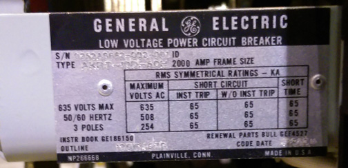 2000 Amp, GENERAL ELECTRIC, AKRT-10D-50H, 480 V., M/O, D/O, MVT PLUS TRIP:1