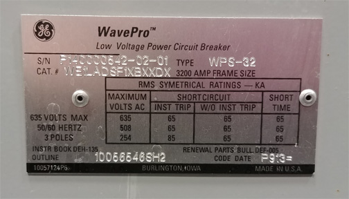 3200 Amp, GENERAL ELECTRIC, WPS-32, 480 V., 120 VAC CLOSE/125 VDC TRIP, D/O:1