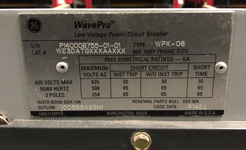 800 Amp, GENERAL ELECTRIC, WPX-08, 480 V. MANUALLY OPERATED, DRAW-OUT:1