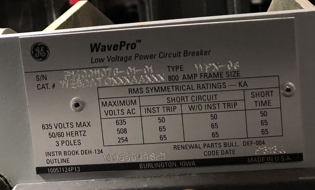 800 Amp, GENERAL ELECTRIC, WPX-08, 480 V. MANUALLY OPERATED, DRAW-OUT:1