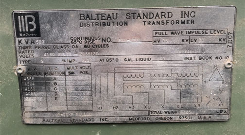 500 KVA, Pri 4160 D, Sec 208Y/120, BALTEAU, DEAD FRONT, RADIAL FEED, R-TEMP:1