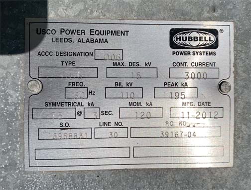 3000 Amp, USCO - HUBBELL, No. HH6, 15000 V., 2012, HOOK STICK SWITCH:1