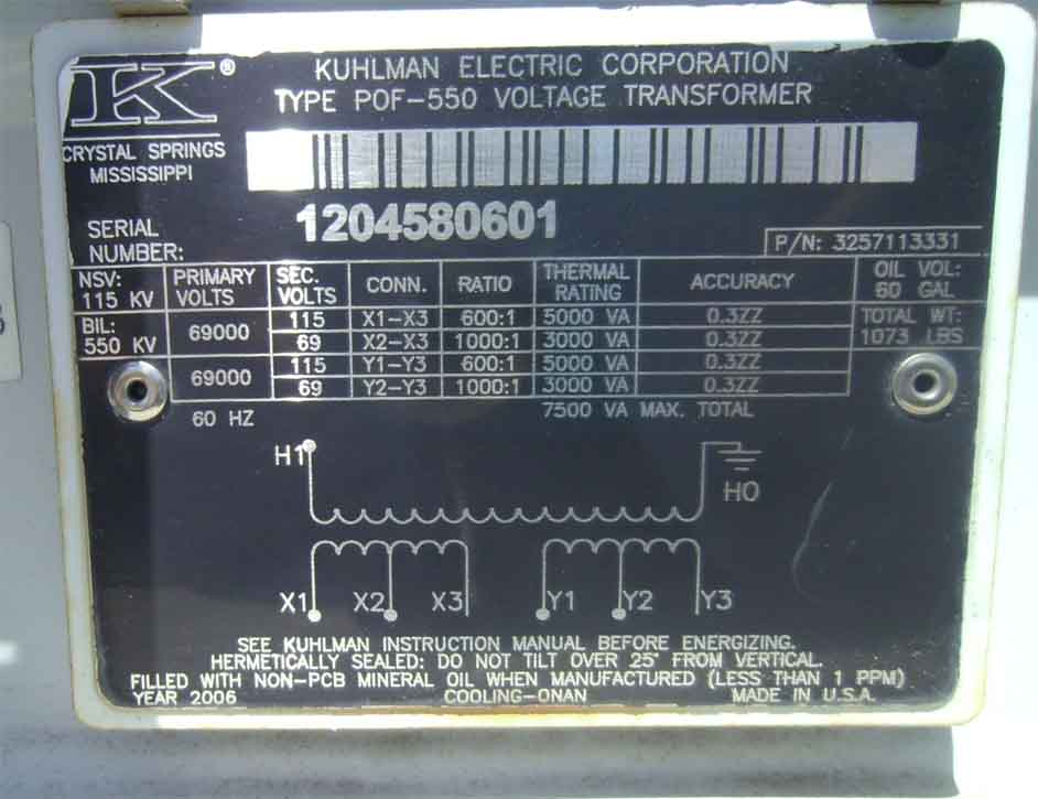 PRI 69000 V, SEC 115/69, KUHLMAN PT, 2006, 1000/600 & 1000/600 RATIO
