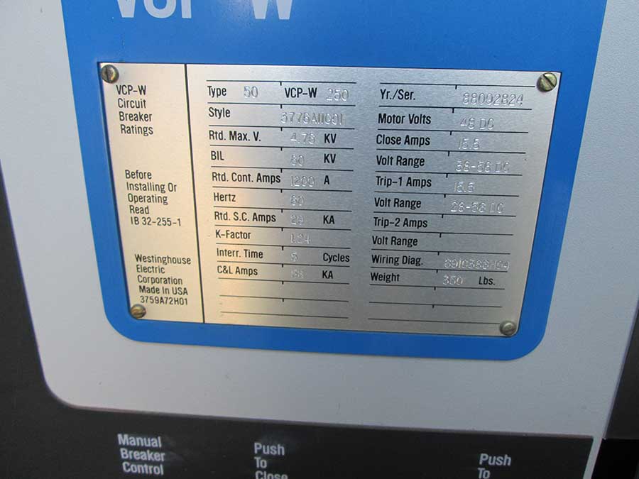 1200 Amp, WESTINGHOUSE, 50VCPW-250, 4.76 KV, 48 VDC CLOSE & TRIP, E/O, D/O:1