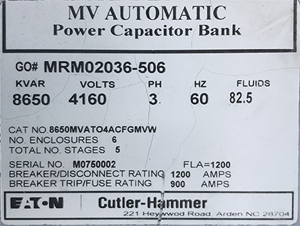 8650 KVAR EATON/CUTLER HAMMER, 4160 V, 10 STAGE, 21 - 350 KVAR SINGLE PHASE:
