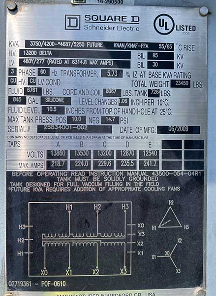 3750/4200/4687/5250 KVA, Pri 13200 D, Sec 480Y/277, SQUARE D, SUBSTATION