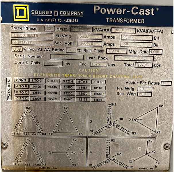 1000/1500 KVA, Pri 13200 D, Sec 480Y/277, SQUARE D POWER-CAST