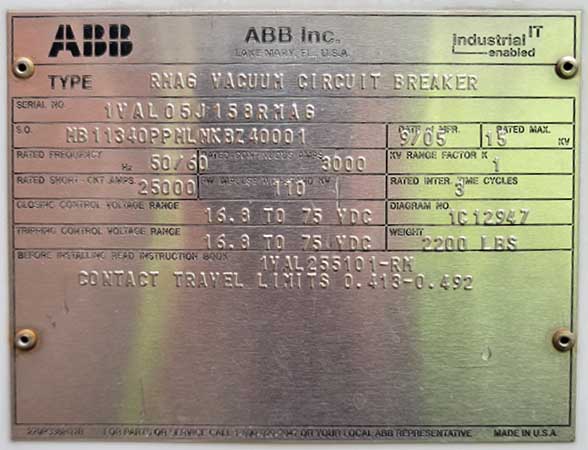 3000 Amp, ABB, No. RMAG, 15000 V., 48 VDC CLOSE & TRIP OUTDOOR BREAKER