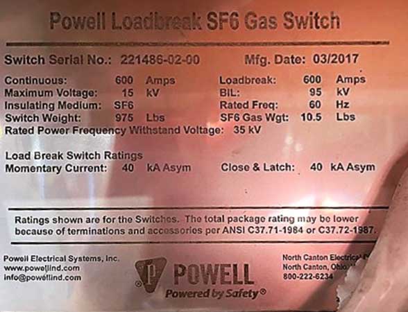 600 AMP, 15 KV, 40KA CLOSE & LATCH, POWELL LOADBREAK SF6 GAS SWITCH