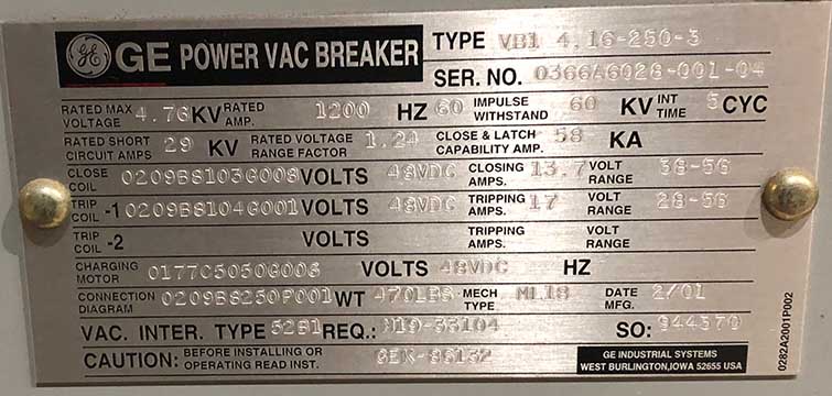 1200 Amp, 4760V, GENERAL ELECTRIC POWER VAC BREAKER****PARTS ONLY****