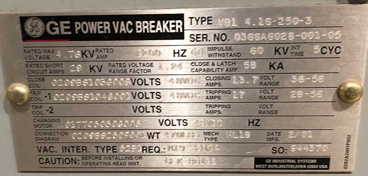 1200 Amp, 4760V, GENERAL ELECTRIC POWER VAC BREAKER****PARTS ONLY****