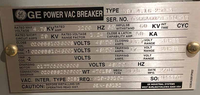 1200 Amp, 4760V, GENERAL ELECTRIC POWER VAC BREAKER****PARTS ONLY****