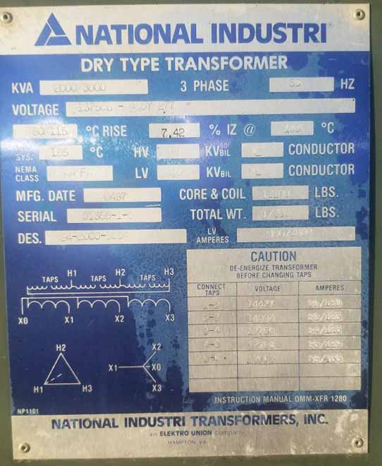 2000/3000 KVA, Pri 13750D Sec 480Y/277 NATIONAL INDUSTRIES DRY TYPE TRANSFORMER, N3R