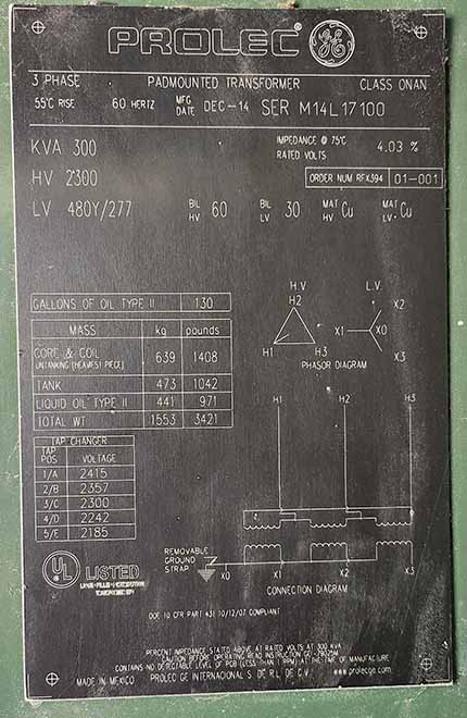 300 KVA, Pri 2300 DELTA, Sec 480Y/277, LF/RF, GE PROLEC TRANSFORMER
