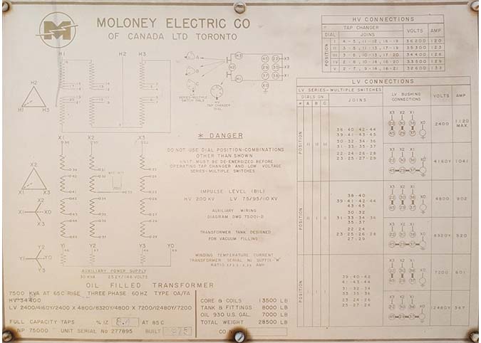 7500 KVA, Pri 34400 D, Sec 2400/4160Y, MOLONEY MOBILE SUBSTATION