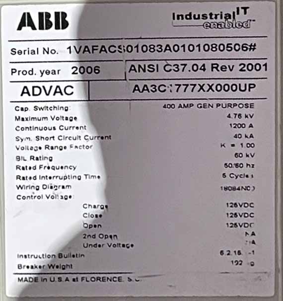 1200 Amp, ABB, ADVAC, 4760 V., CIRCUIT BREAKER FEEDER