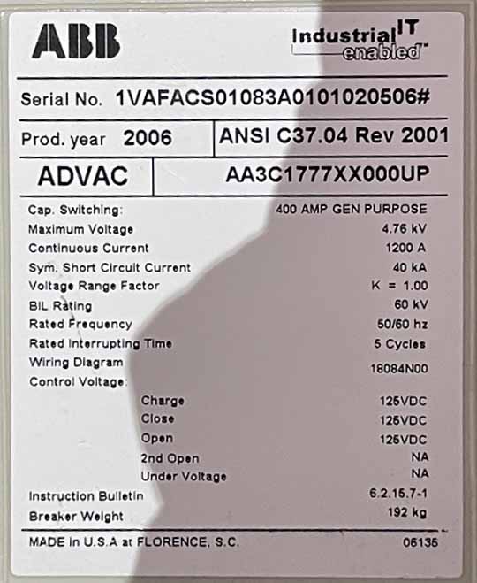 1200 Amp, ABB, ADVAC, 4760 V., CIRCUIT BREAKER FEEDER