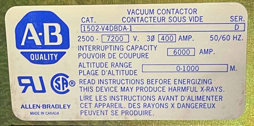 400 Amp, 7200 Volt, ALLEN BRADLEY, 15024DBA-1 VACUUM CONTACTOR