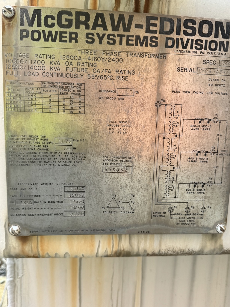 10/11.2/12.5/14 MVA McGraw-Edison, 12500D - 4160Y Oil filled Substation Transformer
