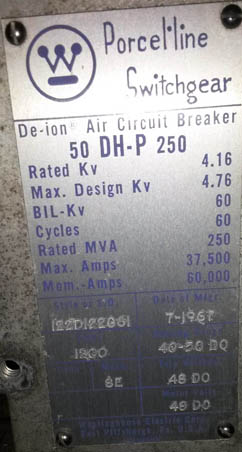 1200 Amp, WESTINGHOUSE, 50DHP250, 4160 V., 1967, 60 KV BIL;-1